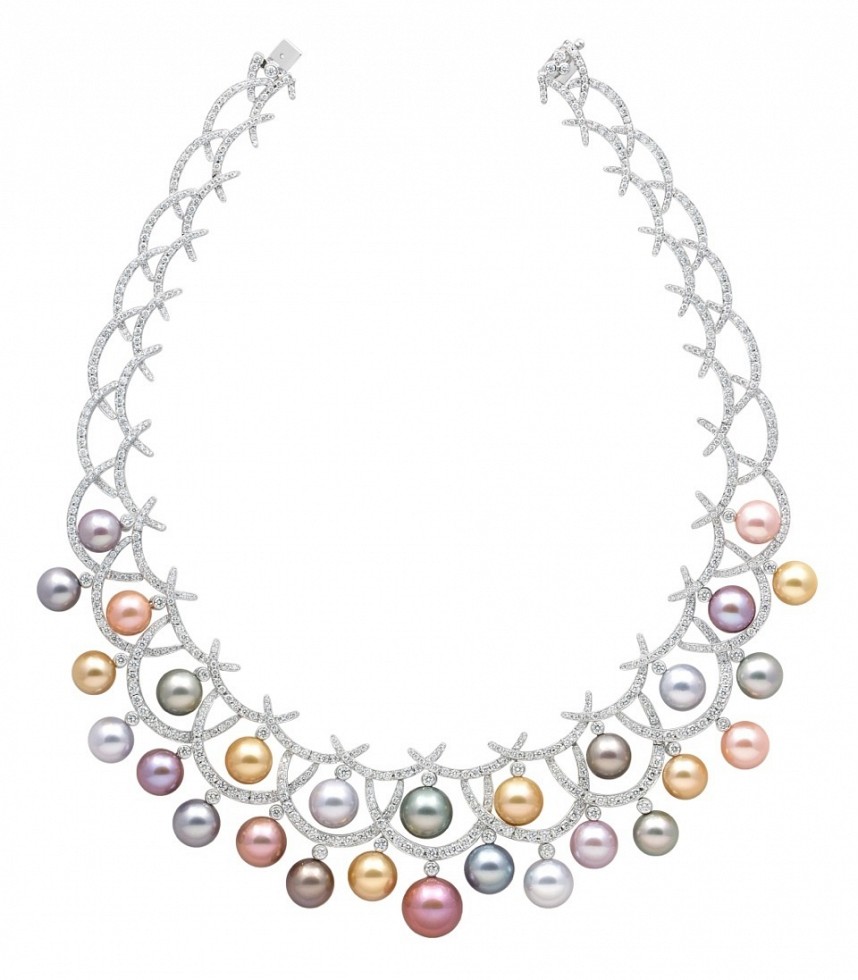 Necklace from the Carnevale Collection, made by Yoko, London, 2013, 18 carat white gold, diamonds, natural colour pink and orange freshwater pearls, golden Indonesian South Sea and white Australian South Sea pearls, grey and blue Tahitian pearls. © Yoko London